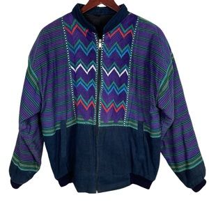 Vintage Multicolor Unisex Guatemalan Purple, Blue, and Green Bomber Style Jacket